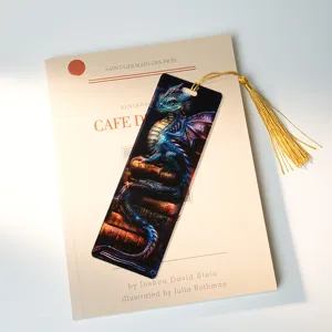 Translucent acrylic bookmark with blue dragon art and gold tassel, perfect for students.