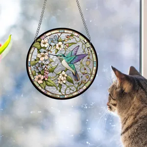 Acrylic stained glass hummingbird window hanging sun catcher, beautiful home decor for room.