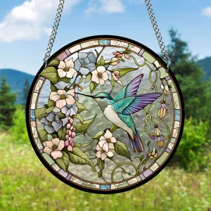 Detailed close-up view of acrylic stained glass hummingbird window hanging suncatcher panel.