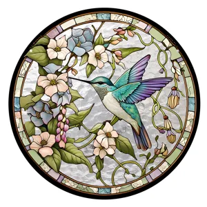 Detailed view of the vibrant stained glass hummingbird suncatcher pendant featuring floral designs.