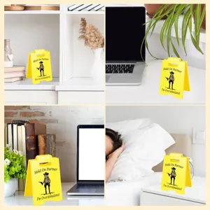 Funny mini yellow caution sign desktop decor with funny quote for office colleague gifts.