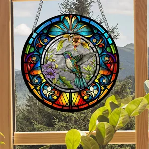 Stained glass hummingbird sun catcher hanging window decor acrylic panel ornament