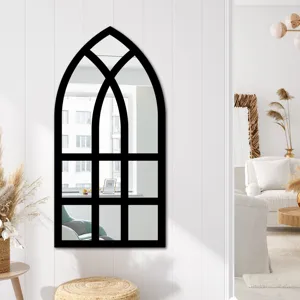 Arch window mirror wall sticker, black wooden frame decorative mirror for living room, bedroom.