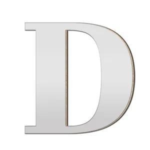 Gedetailleerd overzicht van 3D acryl spiegel letter D muursticker, houten basis.