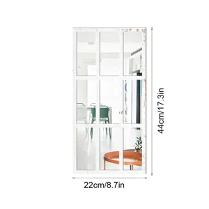 Acrylic mirror wall sticker featuring a vintage faux window design with 9 panes and size details.