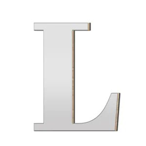 Close-up detail van een 3D acryl spiegel houten letter L muursticker wanddecoratie.