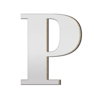 Gedetailleerde close-up van 3D spiegel acryl houten letter P muursticker voor decoratie.