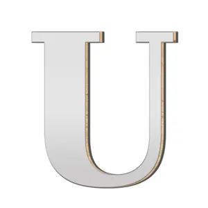 Gedetailleerde close-up van een 3D acryl spiegel houten letter U muursticker decor.