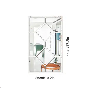 Acrylic mirror wall sticker detail showing geometric fake window design and size dimensions.
