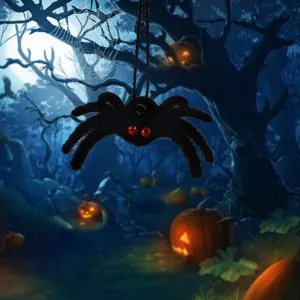 Halloween fuzzy plush spider hanging decoration with red eyes for spooky party decor.