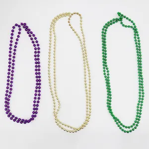 Collares de cuentas Mardi Gras en plastico electroplateado dorado, verde y morado para fiestas.