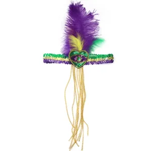 Karneval Feder Stirnband mit Pailletten, bunten Straussenfedern und goldenen Perlen.