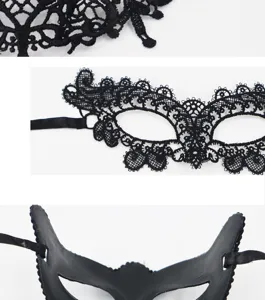 Detailopnamen van zwart kanten mascarademasker met fijn bloemmotief en satijnen lint.