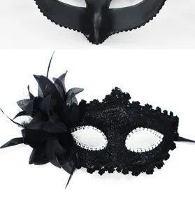 Zwarte kanten maskerade masker met veren en strass-steentjes voor feestelijke evenementen.