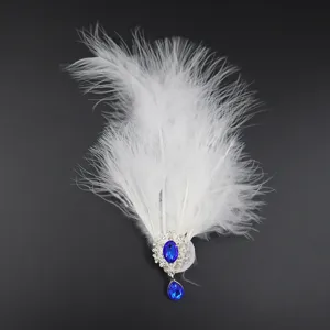 Elegante pinza para el cabello de pluma blanca con diamantes de imitación azules vintage