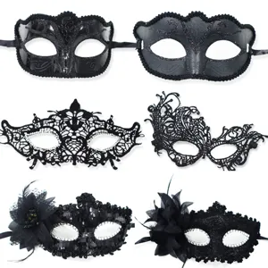 Zwarte maskerade masker feest festival kant veren mode show decoratieve rekwisieten set