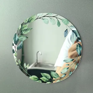 Espejo acrílico magnético redondo con corona de hojas de eucalipto para decoración.