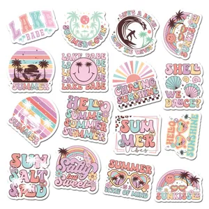Close-up view of cute retro summer decorative stickers featuring vibrant pastel colors and designs.
