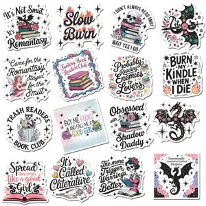 Booklover magnetic stickers set featuring trendy reading quotes, dragons and cute book designs.