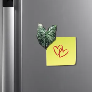 Gros plan sur l'aimant de réfrigérateur en acrylique à feuille tropicale et texture détaillée.
