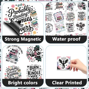 Detail view of cute bookish magnetic stickers featuring funny reading quotes and designs for fridge.