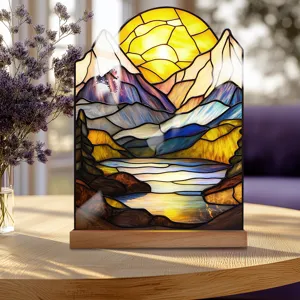 Stained glass style mountain sunset desktop acrylic ornament home decor with wooden base