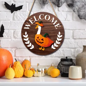 Halloween wooden hanging sign with cute goose pumpkin design for holiday home wall decor.