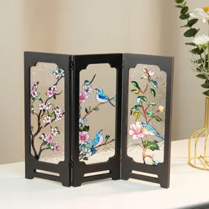 Detailed shot of retro mini stained glass folding screen with exquisite flower and bird patterns.