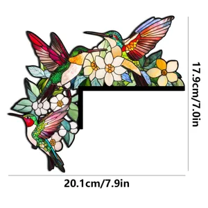 Vista dettagliata dell'adesivo angolare per porta in legno colibrì e fiore con dimensioni.