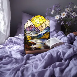 Stained glass acrylic desktop ornament sunset landscape night light wooden base decor