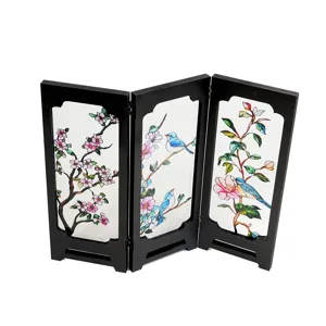 Miniature tabletop folding screen with floral glass panels, retro desktop ornament decor.