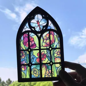 Gothic stained glass window hanging decor, translucent floral wooden ornament for home display.