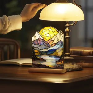 Stained glass style mountain acrylic table lamp ornament desktop home decor warm cozy study desk setup