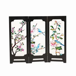 Detailed view of 3-panel miniature tabletop screen, featuring vintage stained relief floral bird art.