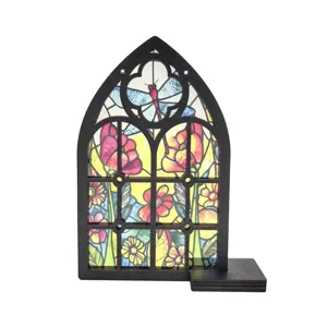 Gothic stained glass wooden window decor, floral dragonfly translucent tabletop ornament.