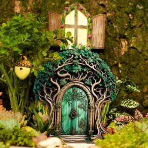 Miniatuur deur en raam set voor elfjes tuin, hars boomhut decoratie voor buiten.