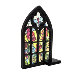 Detailed view of the wooden stained glass window ornament featuring floral butterfly patterns.