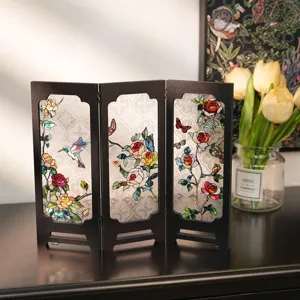 Mini vintage stained glass folding screen desktop decorative ornament with floral pattern detail.