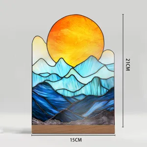 Acrylic stained glass sunrise mountain desktop ornament with wooden base 21x15cm