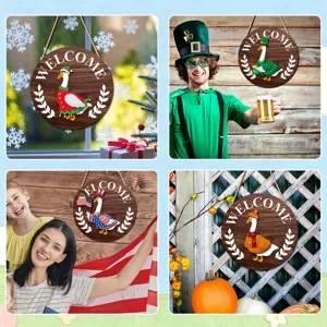 Interchangeable wooden welcome sign with cute goose, ideal for seasonal front door decor.