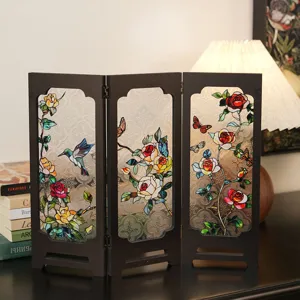 Vintage miniature stained glass screen desktop decor with hummingbird and floral pattern