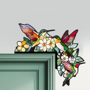 Adesivo per angolo porta colibri in vetro colorato, decalcomania decorativa in legno floreale.