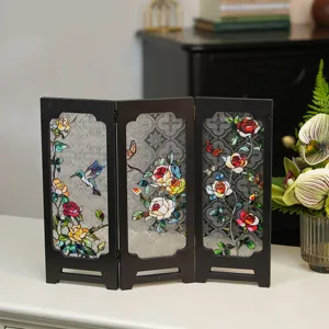 Vintage stained glass tabletop folding screen miniature room divider retro desk decor