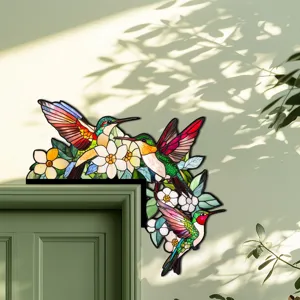 Adesivo angolare per porta in legno con colibrì floreale, decorazione stile vetro colorato.