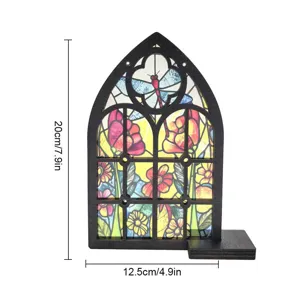 Stained glass wooden arch window ornament, gothic style decorative desktop display piece.