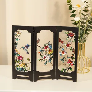 Mini retro glass screen ornament desktop decor vintage floral folding room divider display