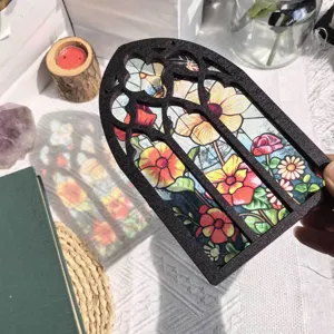 Wooden stained glass window ornament tabletop decor floral hanging plaque home art.