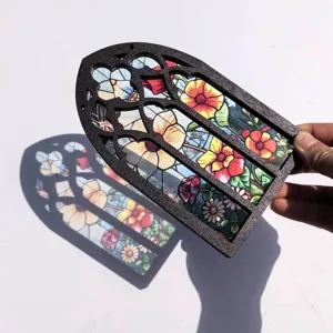 Stained glass style wooden arch window ornament detail showing vibrant floral pattern and light.