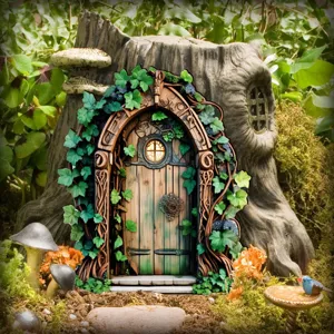Detailopname van houten sprookjestuin deur ornament met klimop ranken en mooie buitendecor.