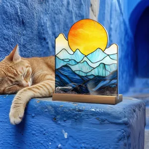 Acrylic desktop ornament with stained glass mountain sunset design and wooden base home decor